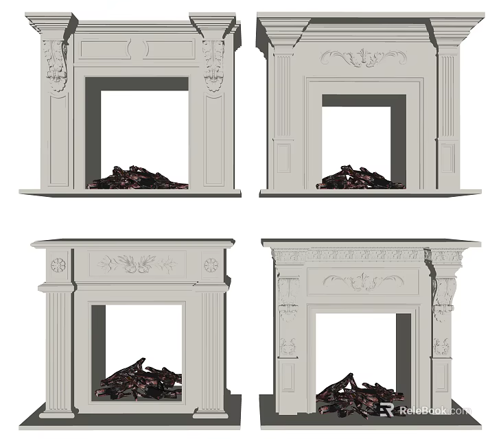 Elegant White Fireplace Designs With Intricate Carvings And Classic Decorative Details 3d model 