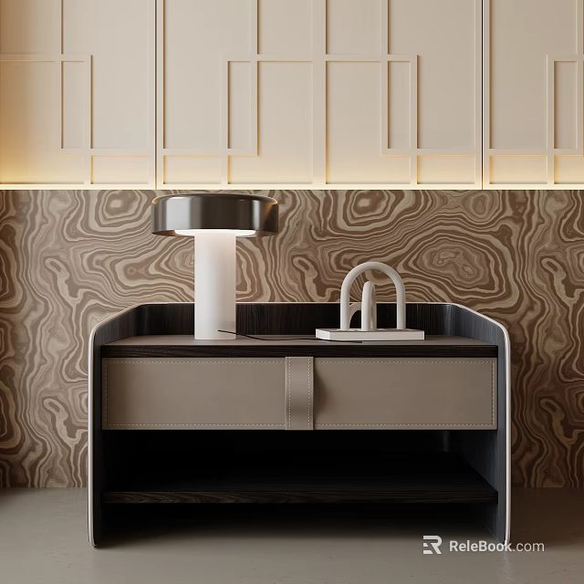 Modern Bedside Table Interior With Leather Drawer Lamp And Wood Grain Wall 3d model 