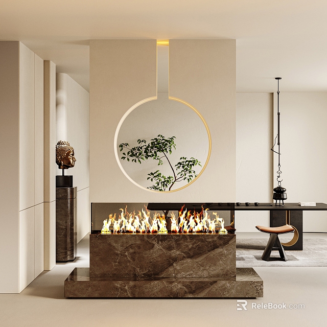 Modern Round Partition Design With Green Plant And Marble Fireplace In Interior Space 3d model 