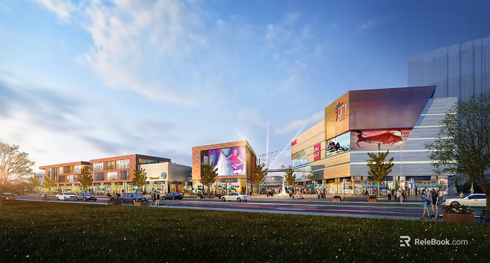 Vibrant Commercial Street With Modern Buildings Shops Pedestrians Vehicles And Colorful Billboards 3d model 