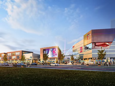 Vibrant Commercial Street With Modern Buildings Shops Pedestrians Vehicles And Colorful Billboards 3d model