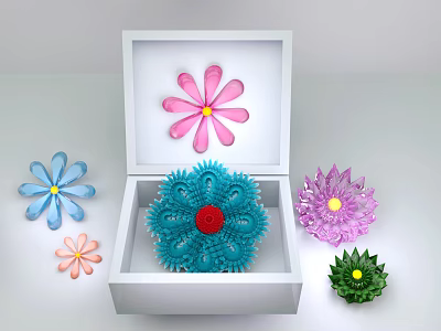 Colorful Flower Shaped Jewelry Pieces In Open White Box With Various Colored Designs 3d model