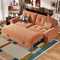 Casual Orange Fabric Sofa Set With Patterned Pillows Storage Ottoman And Colorful Striped Rug