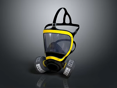 Yellow And Black Protective Gas Mask With Transparent Face Shield Filter Cartridges And Adjustable Straps 3d model