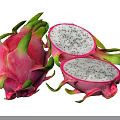 Whole And Halved Dragon Fruit With Pink Skin Green Leaves White Flesh And Black Seeds