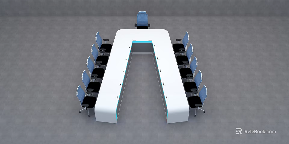 Modern U Shaped Conference Table And Chair Set With Blue Chairs White Tabletop Black Seats 3d model 
