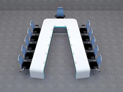 Modern U Shaped Conference Table And Chair Set With Blue Chairs White Tabletop Black Seats 3d model
