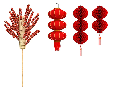 Red Decorative Ornament Set with Fruit Skewer and Hanging Lanterns with Tassels 3d model