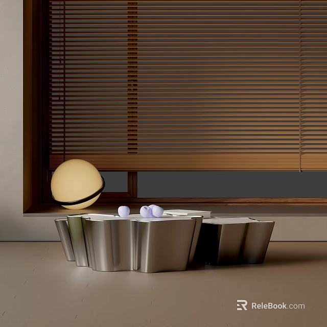 Modern Sofa Coffee Table Set With Metallic Geometric Design Round Lamp And White Decorative Balls 3d model 