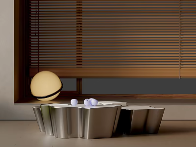 Modern Sofa Coffee Table Set With Metallic Geometric Design Round Lamp And White Decorative Balls 3d model