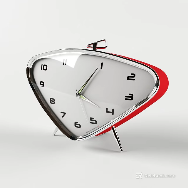 Modern Triangle Clock With Red Frame Silver Stand White Dial And Green Hands 3d model 