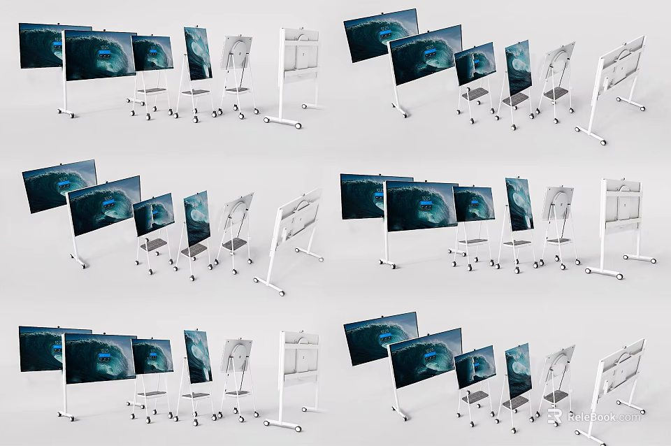 Multiple Televisions On Mobile Stands With Screen Displays In Arranged Setup 3d model 