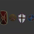 Medieval Shield Collection With Red Wooden Metal Strips Brown Circular White Red Cross Blue Silver Patterns
