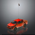 Red Military Pickup Truck Featuring Orange Flag On Roof And Dark Reflective Surface