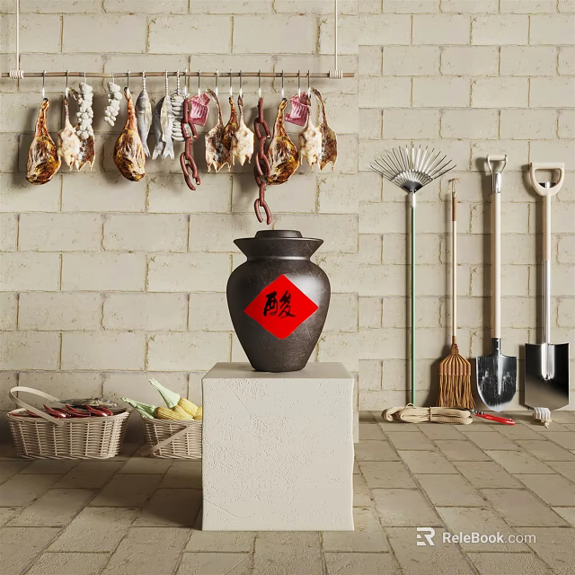 Traditional Rustic Food Scene With Hanging Cured Meats Black Jar And Vegetable Baskets 3d model 