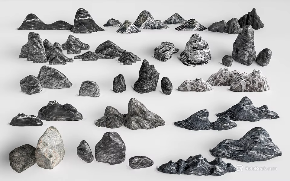 Natural Decorative Stones And Wood Pieces In Various Shapes And Sizes 3d model 