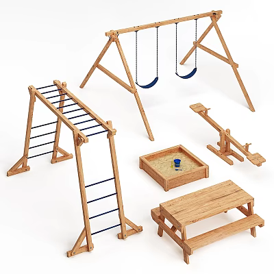 Safe Durable Wooden Outdoor Playground Equipment With Swing Set Climbing Frame Seesaw Sandpit And Bench 3d model