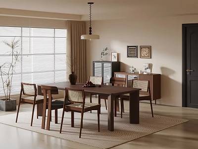 Cozy Modern Dining Room With Wooden Table Chairs Pendant Light Blinds Plant And Area Rug 3d model