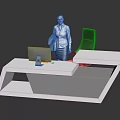 Modern Reception Desk With Computer Monitor And Female Staff Standing Near Black Chair