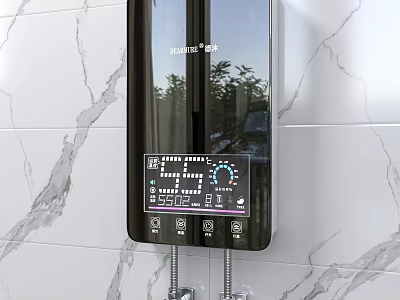 Instant Electric Water Heater On Marble Texture Wall With Digital Display Temperature And Two Outlets 3d model