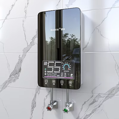Instant Electric Water Heater On Marble Texture Wall With Digital Display Temperature And Two Outlets 3d model
