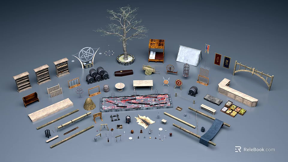 Diverse Public Facilities Elements Including Benches Trash Bins Signboards And Trees 3d model