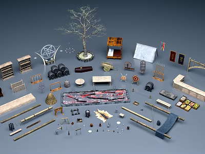 Diverse Public Facilities Elements Including Benches Trash Bins Signboards And Trees 3d model