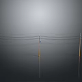 Electric Poles With Multiple Wires Against Gray Background and Reflection On Shiny Ground