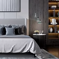 Modern Background Double Bed With Gray Tone Bedside Tables Table Lamps And Wooden Bookshelves