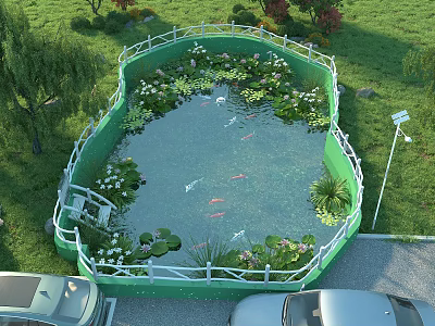 Scenic Garden Water Feature Fountain With Green Fence Water Lilies Koi Fish And Lotus Flowers 3d model
