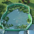 Scenic Garden Water Feature Fountain With Green Fence Water Lilies Koi Fish And Lotus Flowers