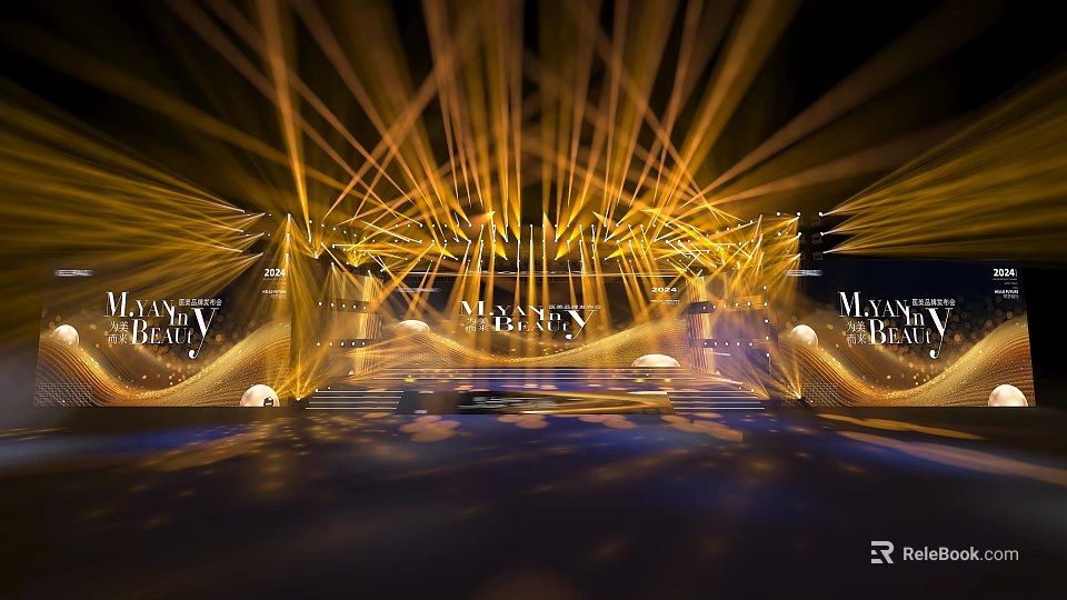 Stage With Golden Dynamic Lighting Effects And Modern Backdrop Design Setup 3d model 