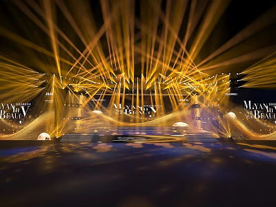 Stage With Golden Dynamic Lighting Effects And Modern Backdrop Design Setup 3d model
