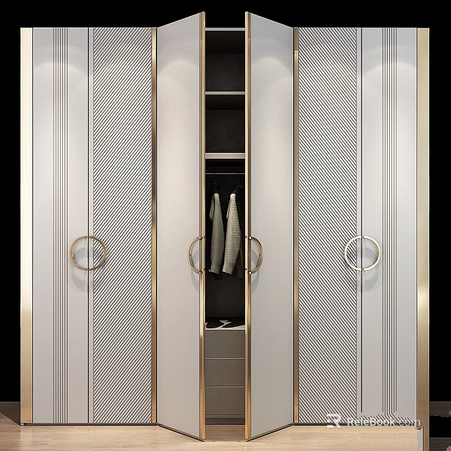 Modern Luxury Wardrobe Design With White Striped Doors Gold Handles And Hanging Space 3d model 