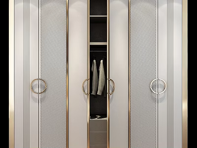 Modern Luxury Wardrobe Design With White Striped Doors Gold Handles And Hanging Space 3d model