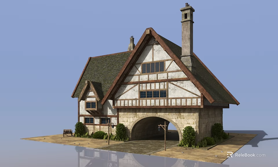 Tudor Style House Exterior With Half Timbered Walls Stone Base Steep Roof And Arched Entrance 3d model 