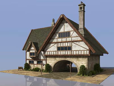 Tudor Style House Exterior With Half Timbered Walls Stone Base Steep Roof And Arched Entrance 3d model