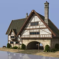 Tudor Style House Exterior With Half Timbered Walls Stone Base Steep Roof And Arched Entrance