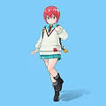 Girl With Red Hair Wearing White Sweater Green Skirt Tie And Backpack