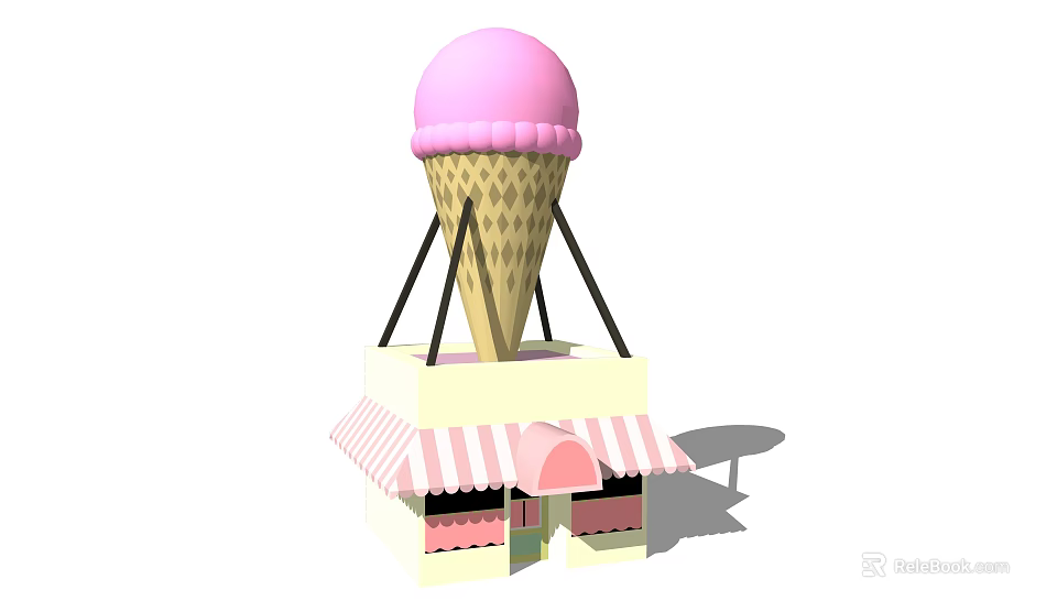 Playful Cartoon Scene with Large Ice Cream Cone Pink Top and Small House Striped Awning 3d model 
