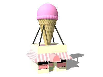 Playful Cartoon Scene with Large Ice Cream Cone Pink Top and Small House Striped Awning 3d model