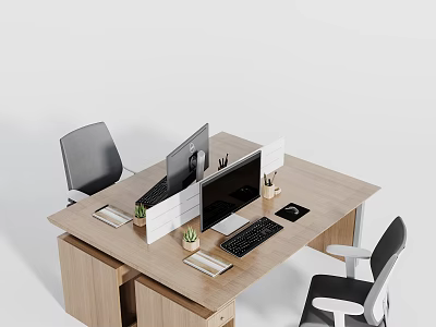 Modern Office Desk and Chair Set With Wooden Table Computer Monitor Keyboard and Small Plants 3d model