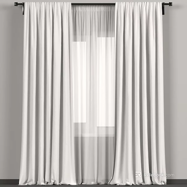 White Double Layered Curtains with Outer Heavy and Inner Sheer in Minimalist Style on Window 3d model 