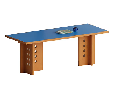 Blue Desktop Wooden Desk With Circular Holes Legs And Green Book Blue Mug On Top 3d model