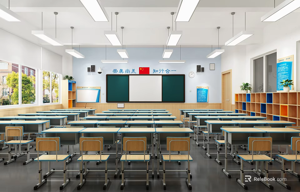 School Classroom Interior With Desks Chairs Blackboard National Flag And Windows 3d model 
