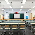 School Classroom Interior With Desks Chairs Blackboard National Flag And Windows