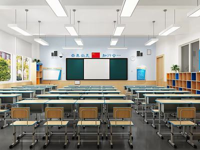 School Classroom Interior With Desks Chairs Blackboard National Flag And Windows 3d model