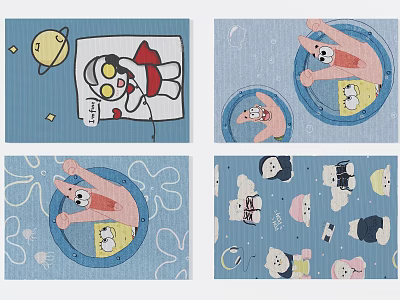Adorable Square Rugs With Blue Background And Cartoon Astronaut Smiling Faces Clouds Animals 3d model