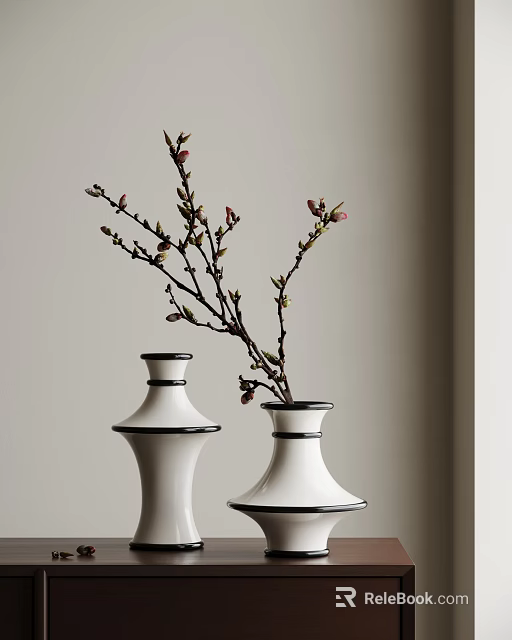 White Ceramic Vases With Black Trim In Interior Corner Featuring Branches And Red Blossoms 3d model 