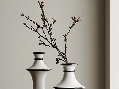 White Ceramic Vases With Black Trim In Interior Corner Featuring Branches And Red Blossoms 3d model